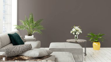 Büyük pencere ile modern parlak iç. 3D render