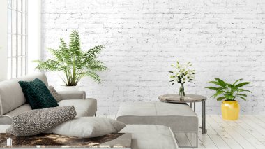 Büyük pencere ile modern parlak iç. 3D render