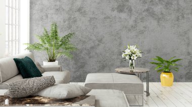 Büyük pencere ile modern parlak iç. 3D render