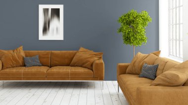 Büyük pencere ile modern parlak iç. 3D render