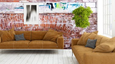 Büyük pencere ile modern parlak iç. 3D render