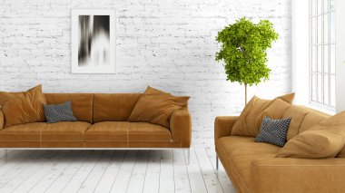 Büyük pencere ile modern parlak iç. 3D render