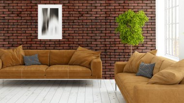 Büyük pencere ile modern parlak iç. 3D render