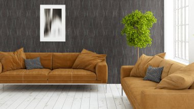 Büyük pencere ile modern parlak iç. 3D render