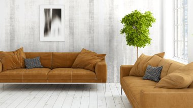 Büyük pencere ile modern parlak iç. 3D render