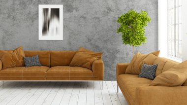 Büyük pencere ile modern parlak iç. 3D render