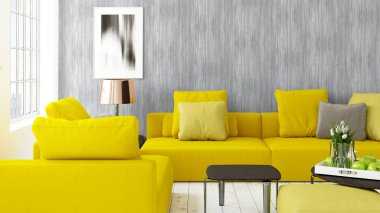 Büyük pencere ile modern parlak iç. 3D render