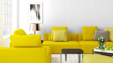 Büyük pencere ile modern parlak iç. 3D render