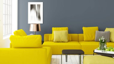 Büyük pencere ile modern parlak iç. 3D render