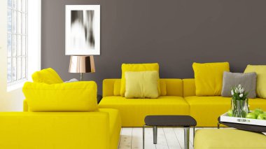 Büyük pencere ile modern parlak iç. 3D render