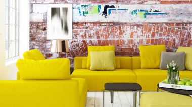 Büyük pencere ile modern parlak iç. 3D render