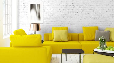 Büyük pencere ile modern parlak iç. 3D render