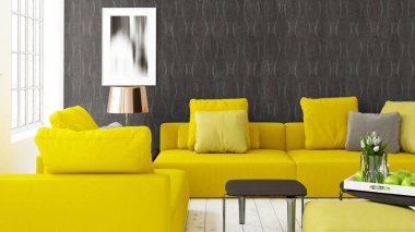 Büyük pencere ile modern parlak iç. 3D render