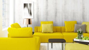 Büyük pencere ile modern parlak iç. 3D render