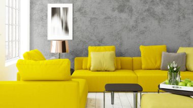 Büyük pencere ile modern parlak iç. 3D render