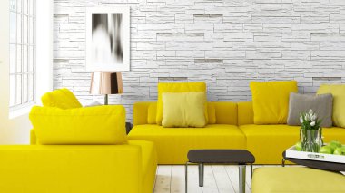 Büyük pencere ile modern parlak iç. 3D render