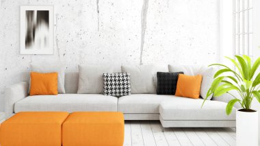 Büyük pencere ile modern parlak iç. 3D render