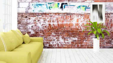 Büyük pencere ile modern parlak iç. 3D render