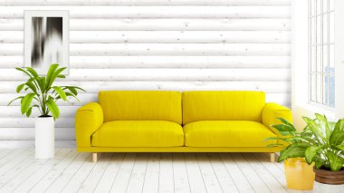 Büyük pencere ile modern parlak iç. 3D render