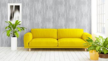 Büyük pencere ile modern parlak iç. 3D render