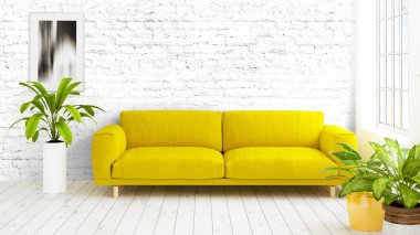 Büyük pencere ile modern parlak iç. 3D render