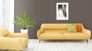 Büyük pencere ile modern parlak iç. 3D render