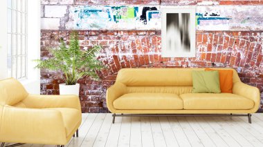 Büyük pencere ile modern parlak iç. 3D render