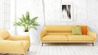 Büyük pencere ile modern parlak iç. 3D render