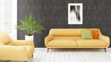 Büyük pencere ile modern parlak iç. 3D render