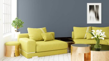 Büyük pencere ile modern parlak iç. 3D render