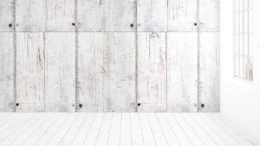 Büyük pencere ile modern parlak iç. 3D render