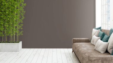 Büyük pencere ile modern parlak iç. 3D render