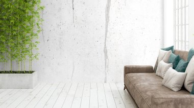 Büyük pencere ile modern parlak iç. 3D render