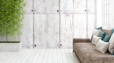 Büyük pencere ile modern parlak iç. 3D render