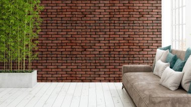 Büyük pencere ile modern parlak iç. 3D render