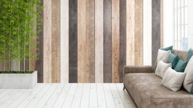 Büyük pencere ile modern parlak iç. 3D render