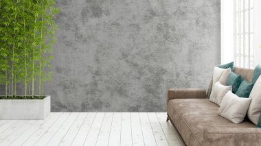 Büyük pencere ile modern parlak iç. 3D render