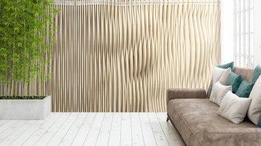 Büyük pencere ile modern parlak iç. 3D render