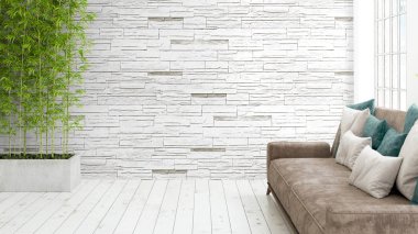 Büyük pencere ile modern parlak iç. 3D render