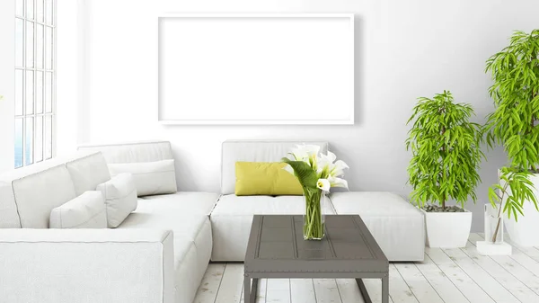 Modern bright interior with empty frame . 3D rendering — Stock Photo, Image