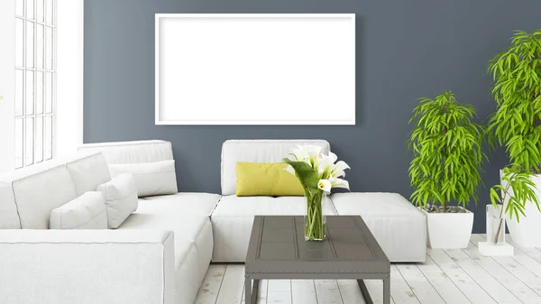 Modern bright interior with empty frame . 3D rendering — Stock Photo, Image