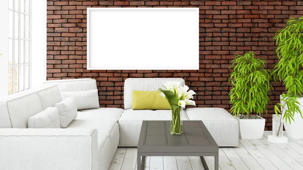 Modern bright interior with empty frame . 3D rendering — Stock Photo, Image