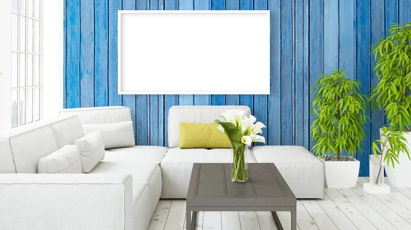 Modern bright interior with empty frame . 3D rendering — Stock Photo, Image