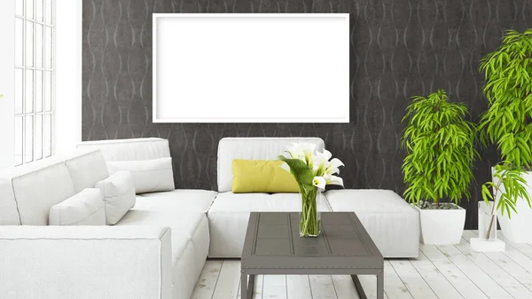 Modern bright interior with empty frame . 3D rendering — Stock Photo, Image