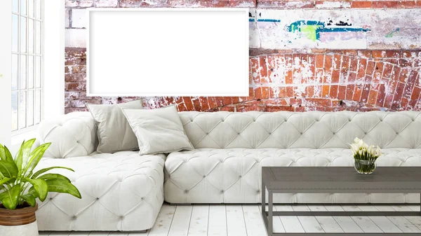 Modern bright interior with empty frame . 3D rendering — Stock Photo, Image