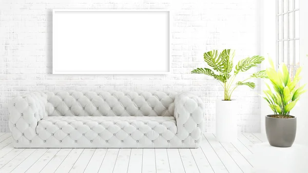 Modern bright interior with empty frame . 3D rendering — Stock Photo, Image