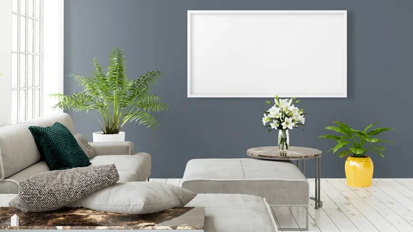 Modern bright interior with empty frame . 3D rendering — Stock Photo, Image