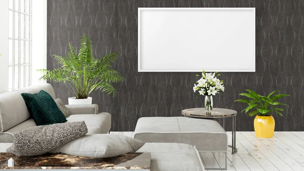 Modern bright interior with empty frame . 3D rendering — Stock Photo, Image