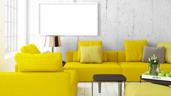 Modern bright interior with empty frame . 3D rendering — Stock Photo, Image