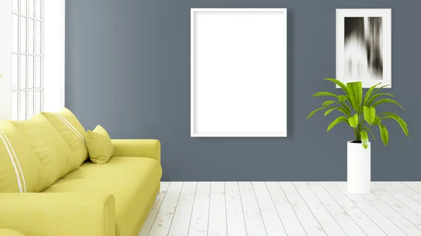 Interior moderno y luminoso con marco vacío. Renderizado 3D — Foto de Stock